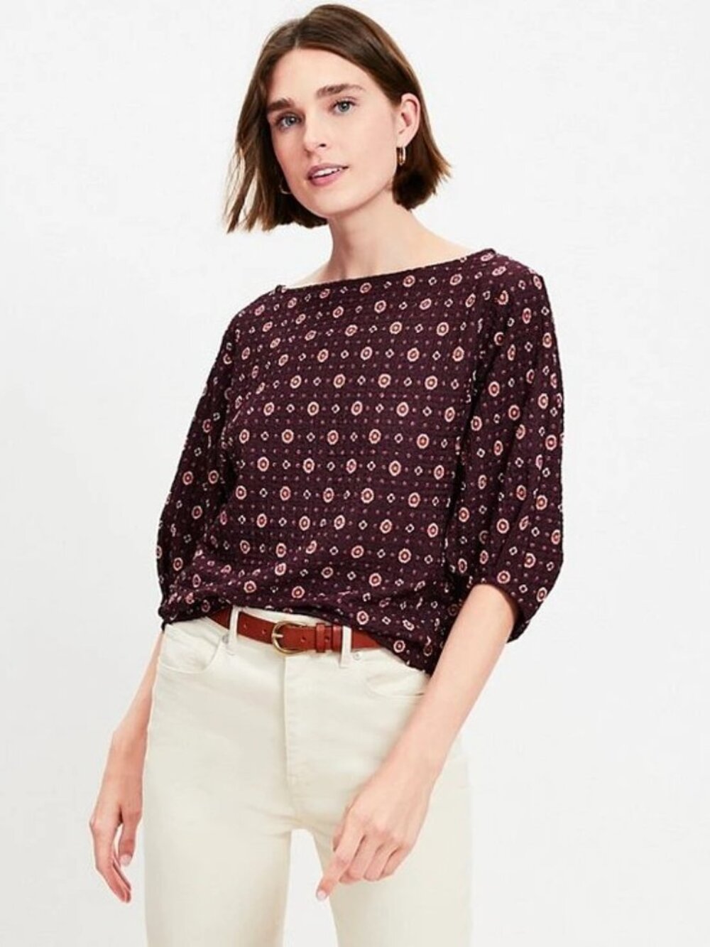 LOFT Elbow Length Plum Geometric Print Top-Size L